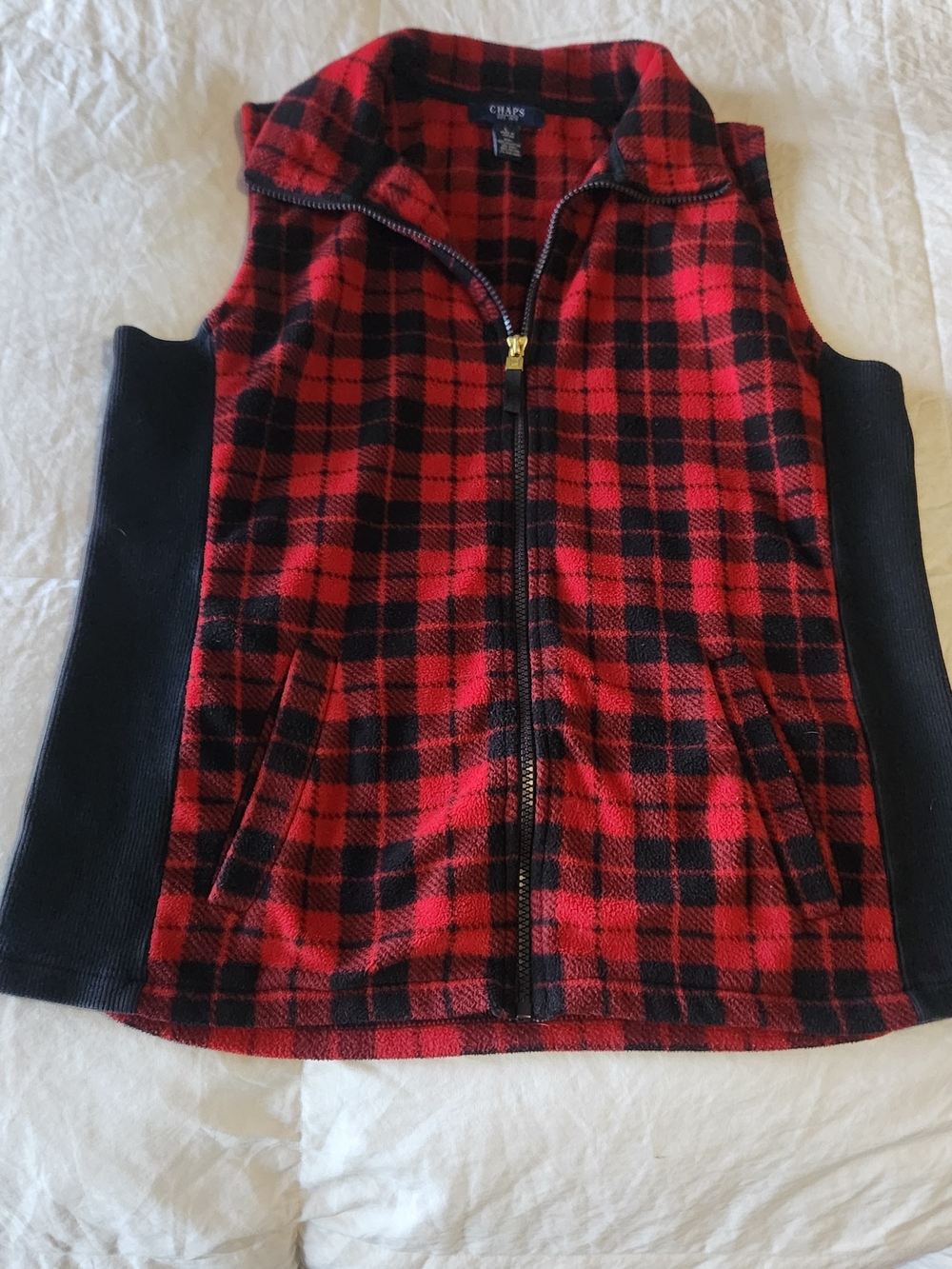 Chaps Red and Black Plaid Fleece Vest with Knit Sides